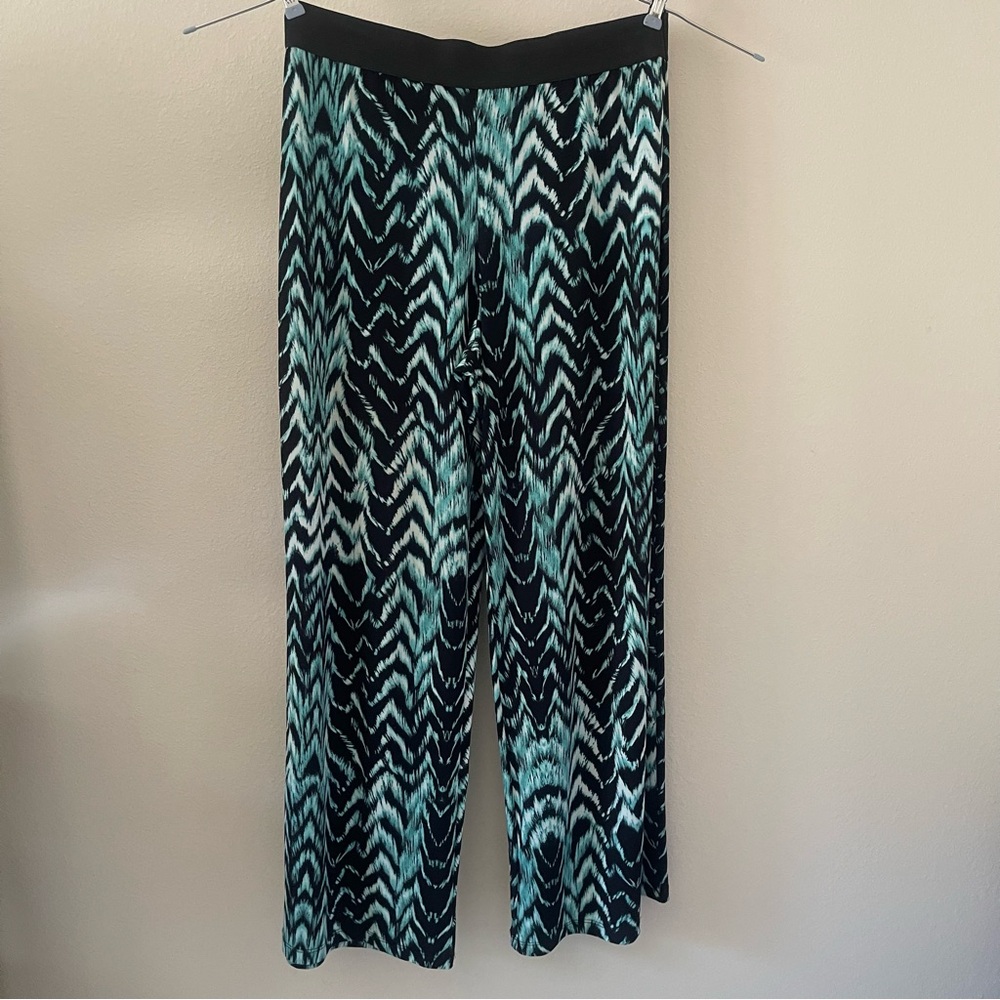 Alfani Black and Blue Zigzag women’s pull-up wide legs stretchy pants size L NWE